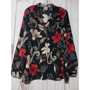 Allison Daley Shirt Womens‎ 16 Black Red Floral Button Up Long Sleeve Blouse Top